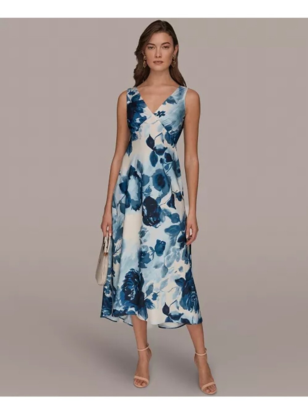 Donna Karan New York 14W Blue White Floral Maxi Dress Sleeveless V Neck Wedding